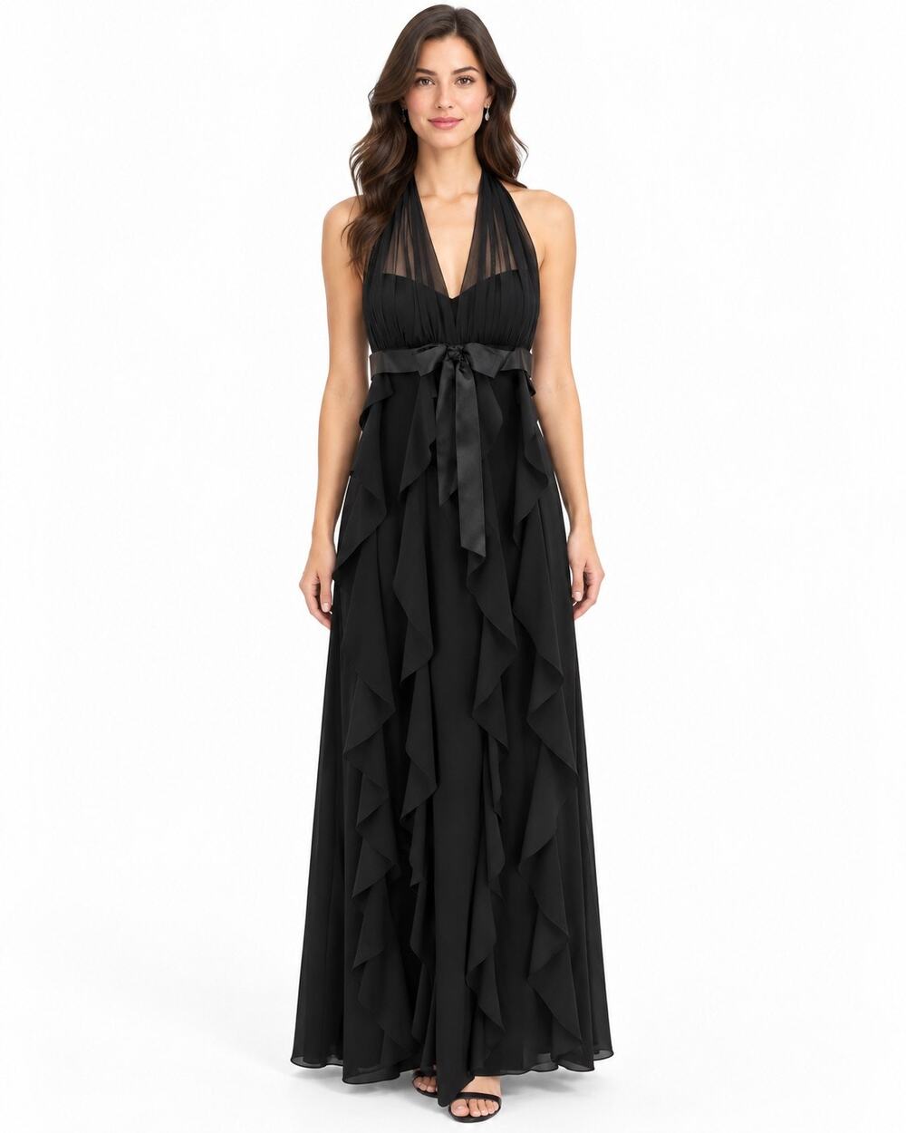 Betsy & Adam 6 Illusion Halter Maxi Dress Corkscrew Ruffle Witchy Whimsigoth